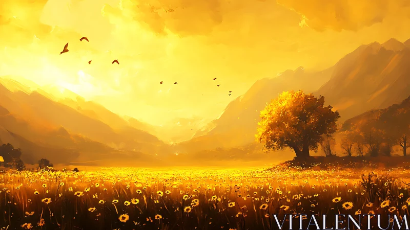 Golden valley landscape with lone tree and wildflowers.