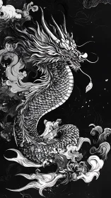 Monochrome oriental dragon illustration with swirling ink clouds