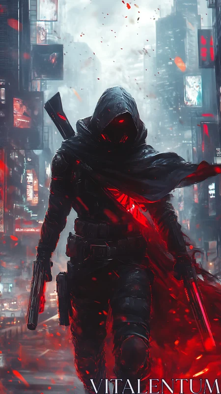 Hooded armed figure in red-lit futuristic city street scene.