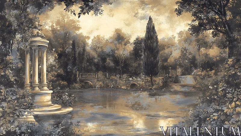 Neoclassical lakeside pavilion and bridge in sepia woodland