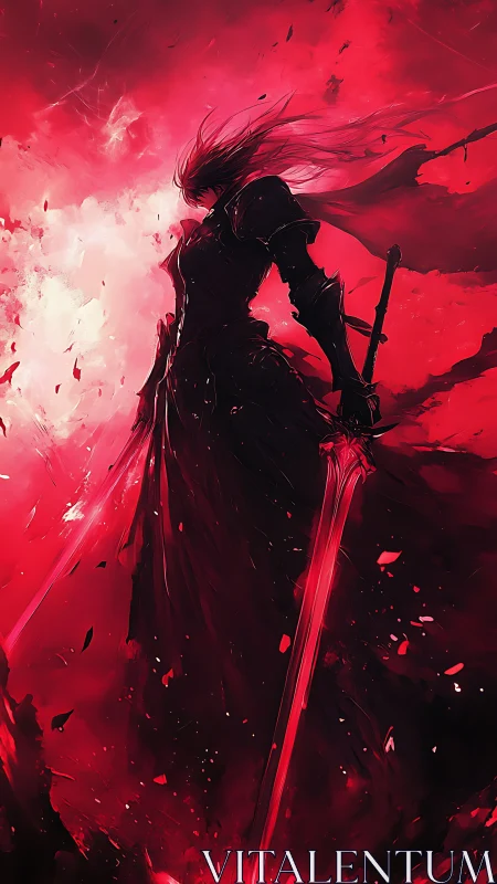 Armored swordsman stands in red high-contrast digital scene