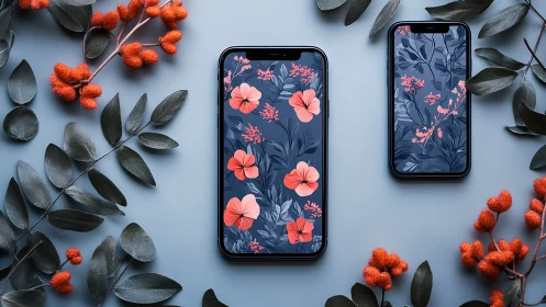 Dual Smartphone Displays with Coral Floral Wallpapers Against Blue Background.