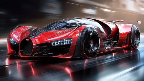 Futuristic red hypercar on wet urban roadway at speed.