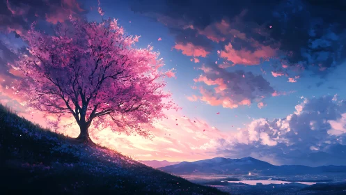 Cherry blossom tree crowns sunset valley in vivid bloom.