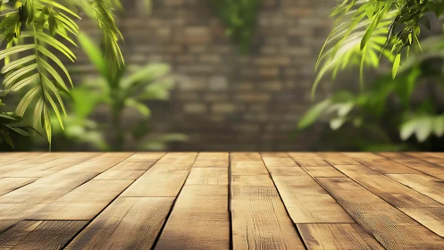 Wooden Deck Meets Garden: Sunlit Terrace with Foliage.