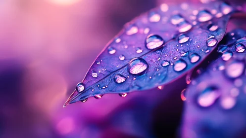 Macro shot of water droplets on purple leaves surface.