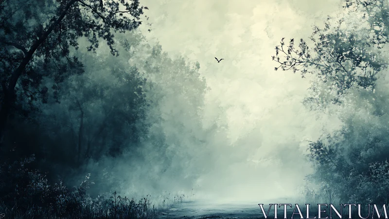 Misty forest path opens into pale, dreamlike morning light