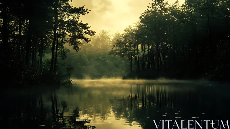 Soft sunrise mist drifting over a quiet forest lake.