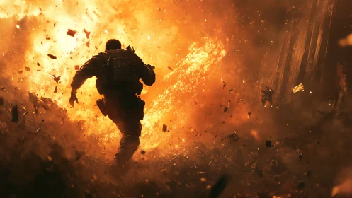 Soldier Running Through Massive Explosion.