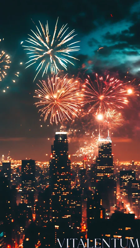 Urban skyline under cinematic fireworks and neon glow.