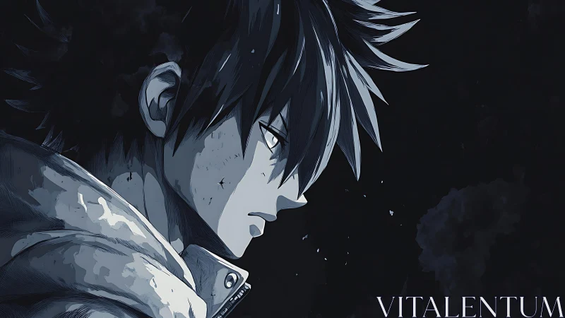 Brooding anime hero gazes into a stormy midnight sky.