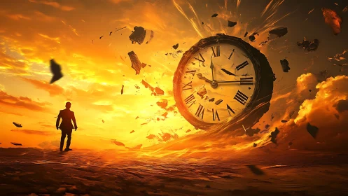 Wanderer Confronts Exploding Sunset Clock In Fiery Skies.
