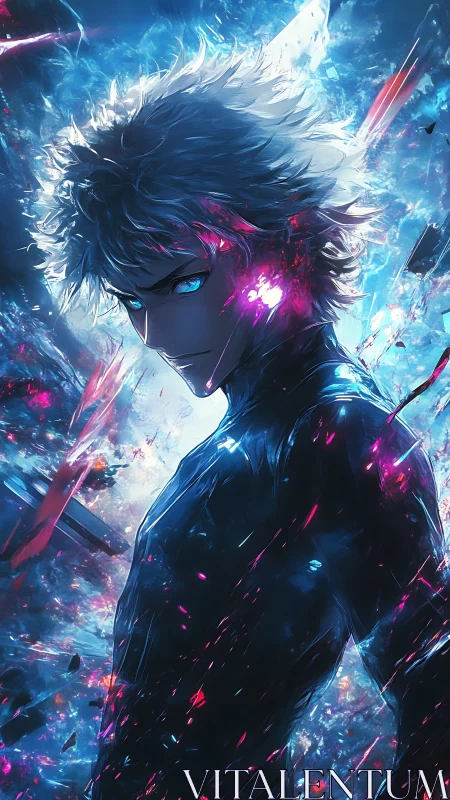 Electric gaze of a lone anime warrior ignites cosmic night