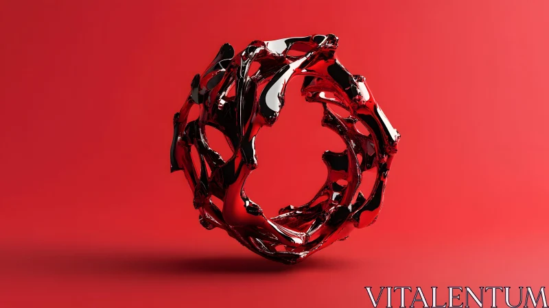Abstract metallic ring sculpture with futuristic design on red.