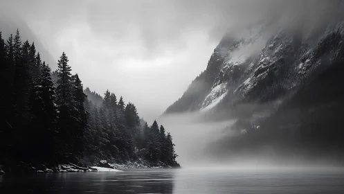 Fog-draped alpine lake with dark pines and steep cliffs.