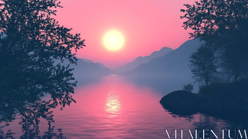 Pink lake sunset over distant mountains and dark trees.