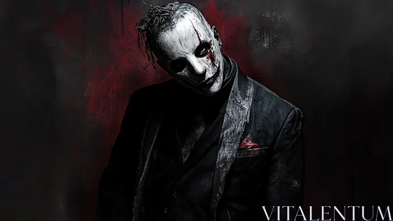 Masked figure in dark suit against textured red background.