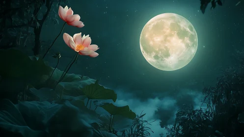 Luminous full moon over lotus canopy in cinematic teal fog.