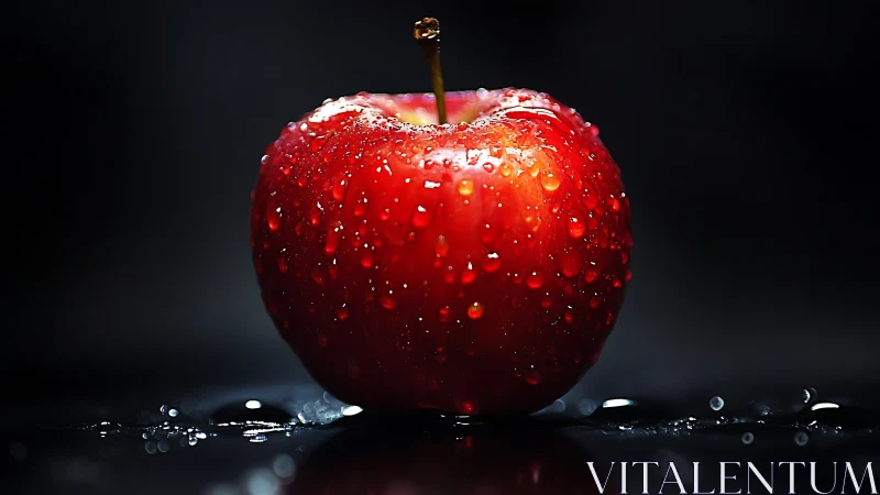 Glistening red apple rests in the dark with fresh cool droplets