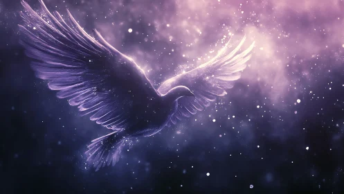 Iridescent dove silhouette in violet nebula dust field