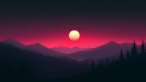 Minimalist neon dusk landscape isolates silhouetted mountain ranges