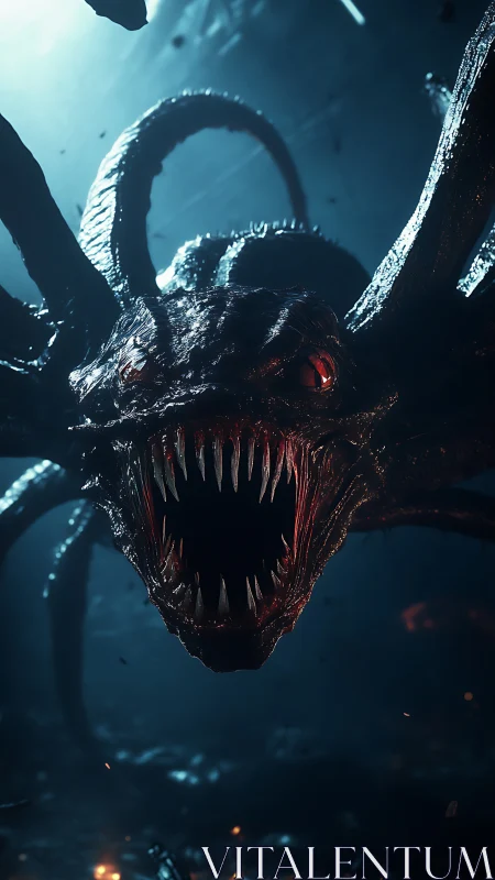 Nightmarish multi-tentacled monster lunging in dark cavern