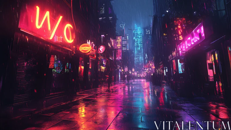 Rain-soaked neon alley renders reflective cyberpunk streetscape