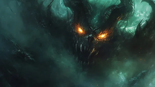 Glowing demon face emerges from swirling emerald storm clouds
