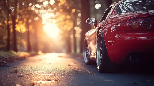 Low-angle red sports car rendered in warm cinematic backlight