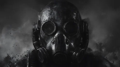 Gas mask soldier stands shrouded in dense toxic smoke