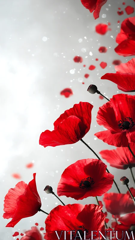 Red Poppies Against White Background with Bokeh Effects