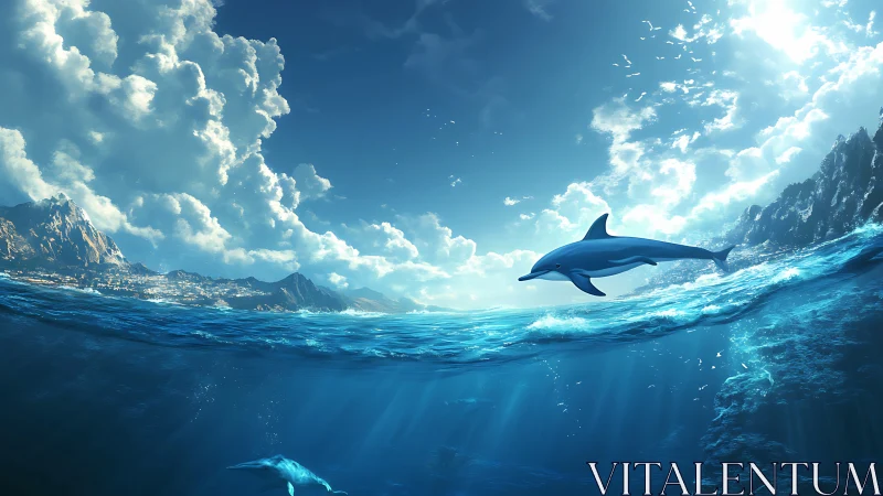 Skyline surf where silver dolphins split the turquoise sea.