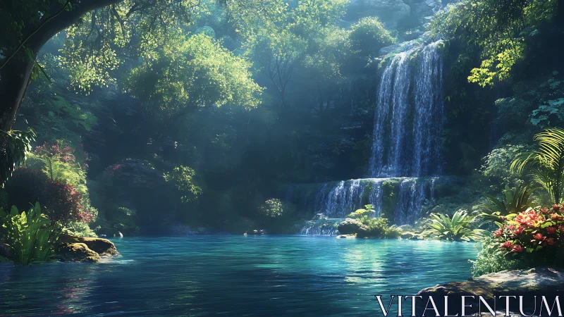 Sunlit jungle waterfall pours into a crystal lagoon.