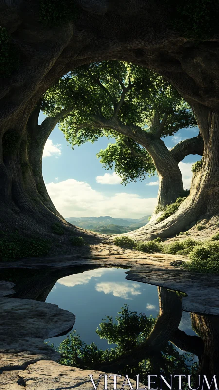 Arched ancient trees frame reflective pool in cinematic daylight