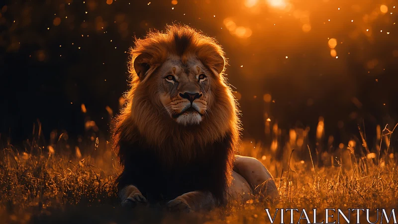 Golden sunset lion resting calmly in glowing savanna field.