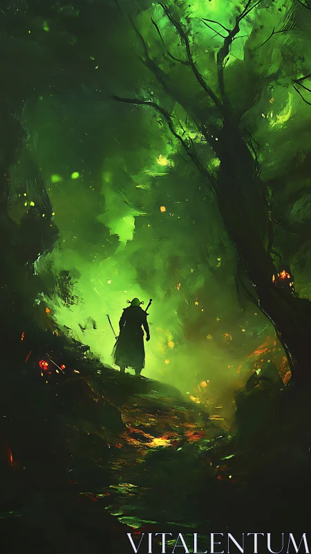 Solitary armed figure in luminous green forest pathscape.