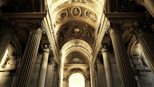 Baroque corridor shows ornate vaulted ceiling and columns