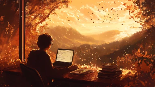 Coder at the ember window, scripting worlds in autumn light.
