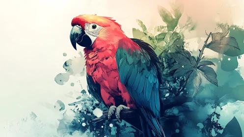 Vibrant Macaw Parrot on Branch in Watercolor Art Style.