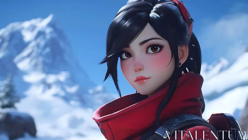 Snowy mountain scout gazes ahead in crisp winter light.