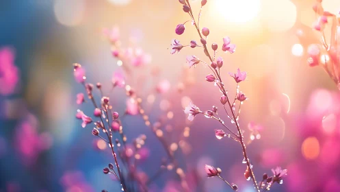Delicate Pink Flowers Bathed in Golden Bokeh Light