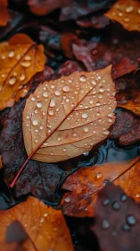 Copper leaf with raindrops on saturated autumn foliage.
