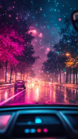 Neon city street glows under cosmic, star-filled night sky.