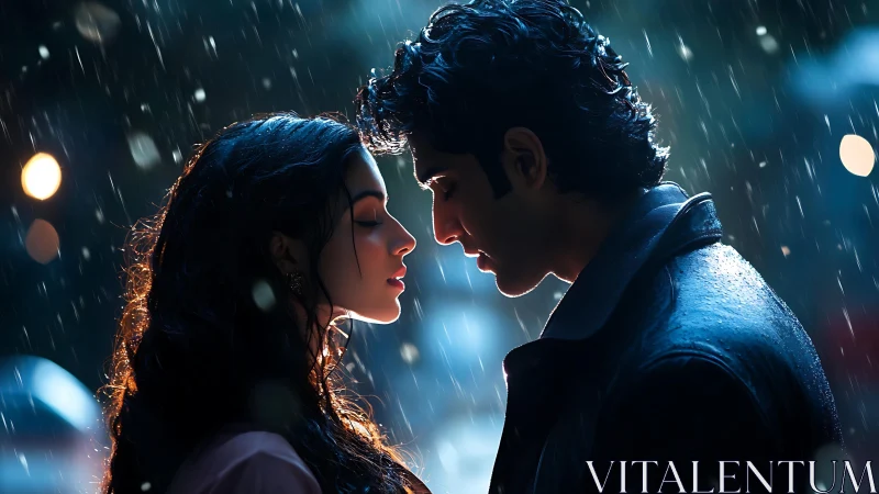 Two figures in rain storm with backlighting