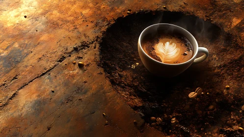 Cozy latte art cup resting in a warm, rustic coffee world.