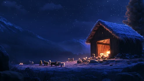 Snow covered barn with livestock under starry night sky.