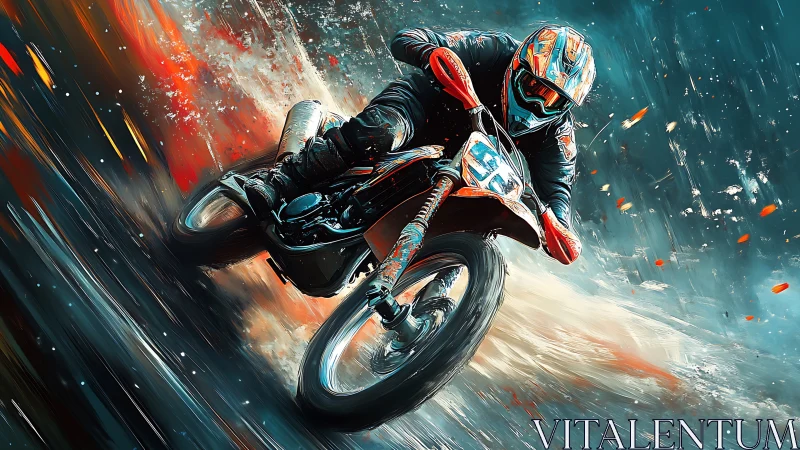 Motorcyclist leans into fast turn on stylized dirt track.