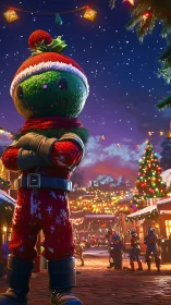 Holiday armored mascot dominates illuminated winter market scene
