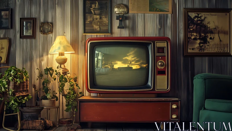 Vintage television in warm retro living room environment.