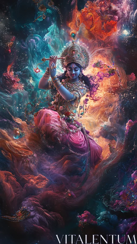Cosmic blue deity dances gracefully through swirling starlight